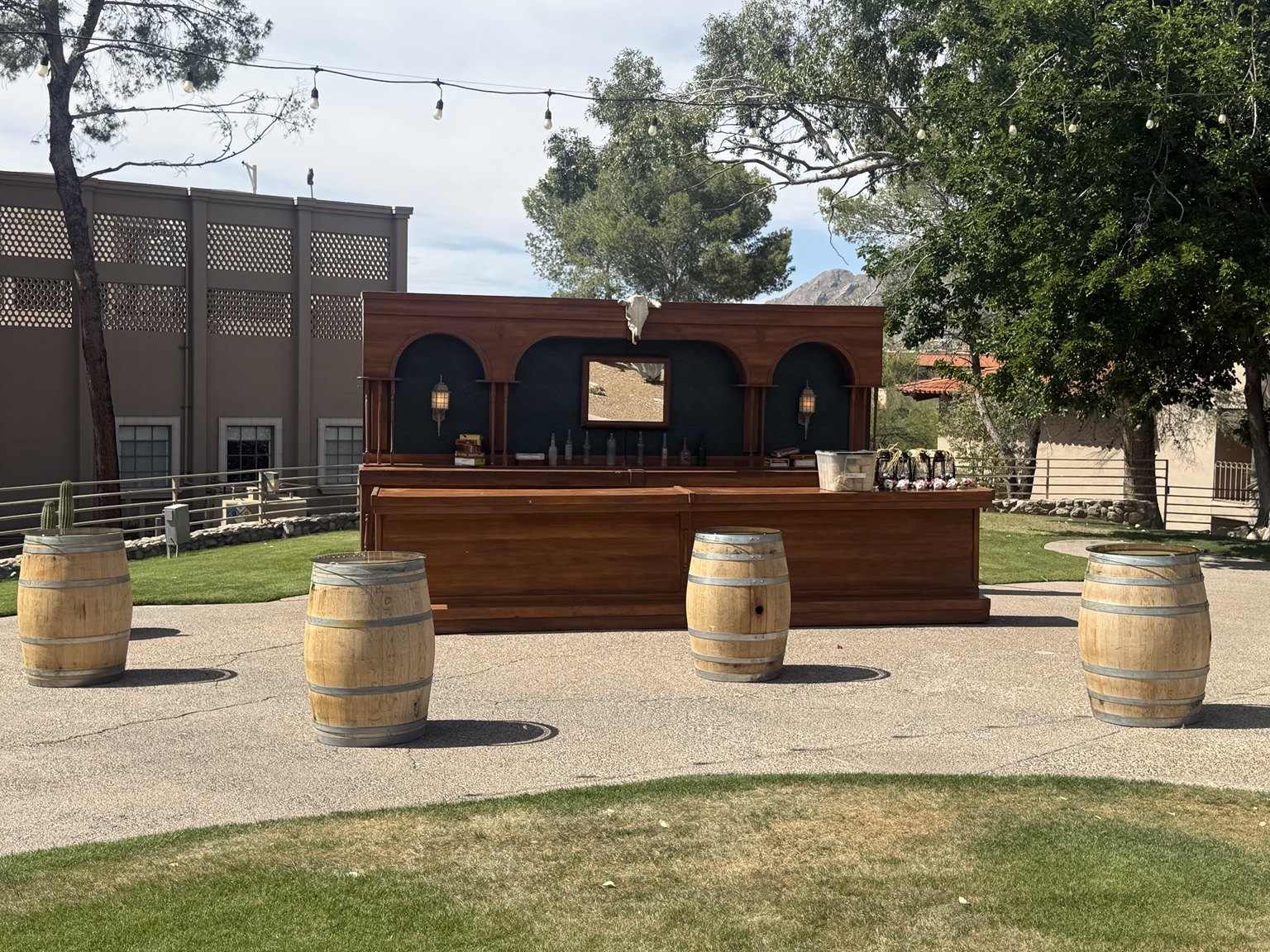 Whiskey barrel gathering area outdoors