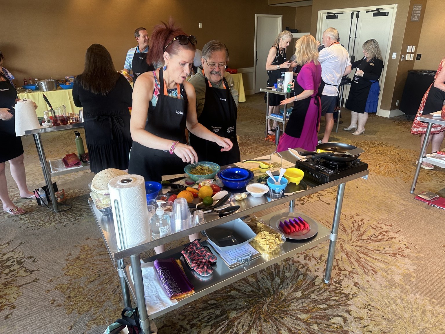 Stainless steel table used at a group cooking event